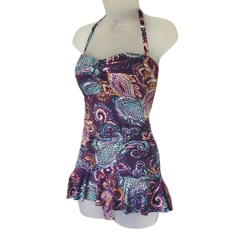 Ralph Lauren‎ Purple Captiva Paisley One Piece Swimsuit Underwire Beach NEW $142